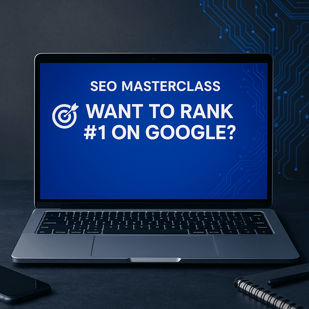 SEO Masterclass - 10 Proven Tactics to Rank #1 on Google showing keyword research, content optimization, and ranking strategies
