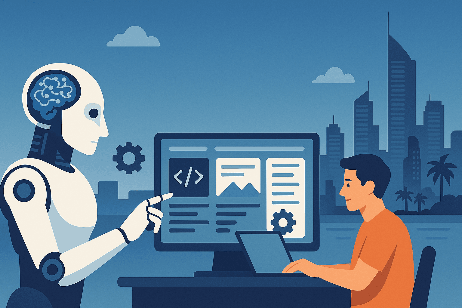AI-powered web development visualization showing neural networks and code integration for Gold Coast businesses