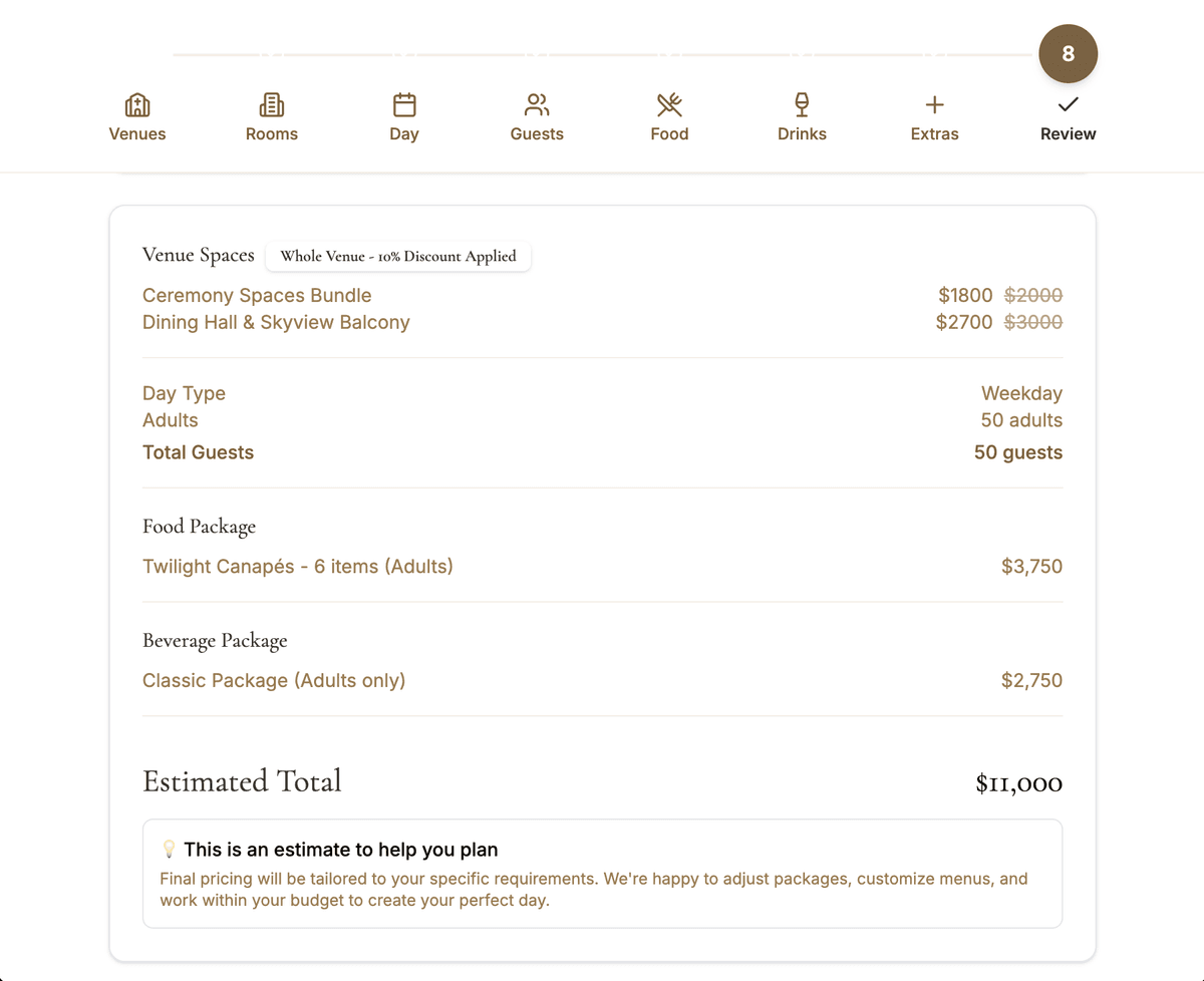 Package builder step 3 - Entertainment and decorative elements with pricing